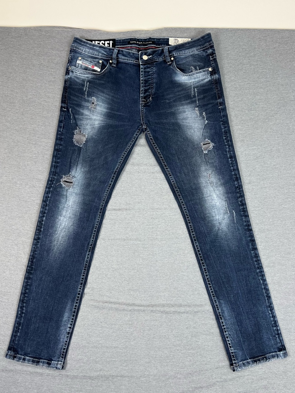 Diesel Buster Blue Distressed Slim Straight Jeans